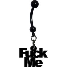 a black metal hook with the word f k me on it's end hanging from a chain