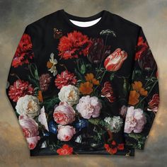 Black Floral unisex sweatshirt Sweatshirt description: * 70% polyester, 27% cotton, 3% elastane * Fabric weight: 8.85 oz/yd² (300 g/m weight may vary by 2% * Soft cotton-feel face * Brushed fleece fabric inside * Unisex fit * Overlock seams * Blank product components sourced from Poland Care instructions: * Machine wash cold, inside-out, gentle cycle with mild detergent and similar colors. Use non-chlorine bleach, only when necessary. No fabric softeners * Tumble dry low, or hang-dry for longest Fall Cotton Sweatshirt With All Over Print, Black Cotton Sweatshirt With Sublimation Print, Fall Crew Neck Sweatshirt With All Over Print, Fall Black Sweatshirt With Custom Print, Winter Crew Neck Sweatshirt With All Over Print, Relaxed Fit Crew Neck Sweatshirt With All Over Print, Fall Streetwear Sweatshirt With All Over Print, Fall All Over Print Sweatshirt For Streetwear, Black Long Sleeve Sweatshirt With Sublimation Print