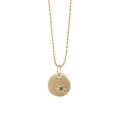 The 14k gold HAMY charm is a baby round pendant with a brushed satin finish featuring a single pink sapphire with hand etching. A perfect piece to wear daily for a simple elegance, or to layer with other charms. Available as pendant only, or with our recommended chain. Make it custom with the gemstone color of your choice. Additional chain options available in our Chains & Chokers collection. Complimentary engraving on back - ideal for "2022" or initials. Chain shown is 14k gold 1.0 mm diamond c May Birthstone Necklace With Charms, May Birthstone Charms Necklace, Minimalist May Birthstone Charm Necklace, May Birthstone Round Necklace With Charms, Engraved Yellow Gold Necklace For May Birthstone, 14k Gold Birthstone Necklace With Charms And Round Pendant, Yellow Gold Birthstone Necklace In Recycled Gold, Everyday Yellow Gold Birthstone Necklace With Round Pendant, May Birthstone Round Charms Necklace