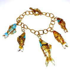 Unique Custom Bracelet Gold Chain With 5 Cloisonne Enamel Fish In Shades Of Gold And Blue. Adjustable, Fits 7” + Wrist. Koi (Living Jewels) Symbolize Prosperity, Success And Good Fortune. Fish Measure Approximately 35 And 50mm. Blue Wearable Art Bracelet, Artistic Blue Metal Jewelry, Blue Bracelet With Unique Variations, Artistic Blue Bracelet, Fortune Fish, Swarovski Pearls Bracelet, Silk Wrap Bracelets, Faux Leather Bracelets, Spoon Bracelet