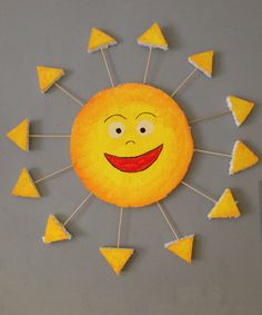 a sun with many small yellow triangles around it's face and smiling faces on the sides