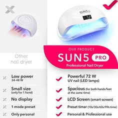 THIS TRUSTY LED LIGHT GETS THE JOB DONE WITHOUT BREAKING THE BANK. LIGHTWEIGHT AND FAST ACTING FOR QUICK APPLICATION SMART NAIL LAMP. SUN 5 PRO UV LED Curing Lamp can be used for drying most types of nail gel polish and extensions including hard gels, UV/LED gels, CND Shellac, OPI, sculpture, guilders and builders DIGITAL TIME DISPLAY. The built-in LCD screen displays nail-drying time and is equipped with a time memory function that you can set in 10, 30, 60 or 99 seconds low heat mode. SMART SE Toenail Gel, Nail Led Lamp, Smart Nail, Gel Nail Light, Smart Nails, Heat Lamp, Uv Nail Lamp, Cnd Shellac, Nail Dryer