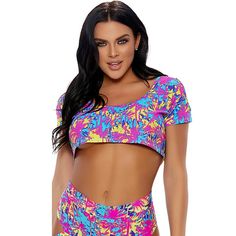 Palm Tree Print Short Sleeve Cold Shoulder Crop Top With Crew Neck. Matching Bottoms Sold Separately, Purchase Together And Save. Accessories Not Included. Fuchsia Pink Multi. New In Package. 92% Nylon/8% Spandex. Great For Rave Or Festival Wear! Multicolor Floral Print Crop Top, Fitted Pink Crop Top For Beachwear, Pink Short Sleeve Crop Top For Beach, Pink Beachwear Crop Top For Spring, Multicolor Stretch Summer Crop Top, Multicolor Floral Print Crop Top For Vacation, Trendy Pink Top With Tropical Print, Trendy Pink Tops With Tropical Print, Trendy Pink Tropical Print Top