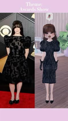 two pictures of women in black dresses and one has an eye patch on her face