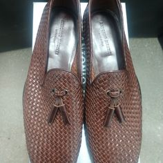 Woven Leather Loafers Elegant Slip-on Moccasins With Woven Sole, Luxury Brown Slip-on Tassel Loafers, Classic Formal Moccasins With Woven Sole, Brown Formal Loafers With Woven Sole, Formal Brown Loafers With Woven Sole, Brown Business Loafers With Woven Sole, Elegant Slip-ons With Woven Sole And Round Toe, Formal Slip-on Loafers With Woven Sole, Formal Slip-ons With Woven Sole