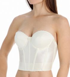 This longline bustier features lightly-padded underwire cups, front and side boning to streamline your upper torso, and a very low "V" back for your backless dresses and gowns. Multi-part, lightly padded underwire cups are seamless on the outside, with 3-part inner construction. Sleek surface - clothes do not stick. Front and side boning give control and support. Very low back features a low-profile, coated metal hook-and-eye closure. Strap attachments at top side and lower back. Comes with clea Vintage Bustier, Strapless Bustier, Corset Fashion, Backless Bra, Corset Bra, Beautiful Bra, Pink Lady, Longline Bra, Corset Style