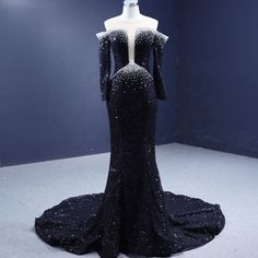 Black Pearls and Elegance: Mermaid Evening Party Dresses for Women Evening Mermaid Dress With Sweep Train, Luxury Mermaid Dress For Evening Prom, Luxury Evening Gown With Mermaid Hem, Luxury Mermaid Dress For Gala And Prom Season, Luxury Mermaid Dress For Party And Prom Season, Luxury Mermaid Dress For Prom Season Party, Luxury Mermaid Dress For Prom Party, Glamorous Long Train Evening Dress For Prom, Evening Mermaid Dress With Detachable Train And Fitted Bodice