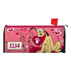 a pink mailbox with a cartoon dog holding a heart