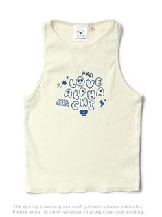 a white tank top with the words love and hugs written in blue ink on it