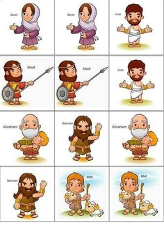 cartoon characters with different expressions about jesus and the bible's character creation storyboard