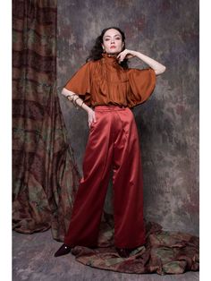 Experience elegance in these Silk Satin stretch pants. The Sepia hue exudes a timeless allure, while the tailored fit flatters the figure with sophistication Feather Cape, Sepia Color, Embroidered Coat, Satin Pants, Stretch Top, Create Outfits, Satin Top, Halterneck Dress, Samara