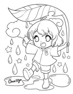 a cartoon girl holding an umbrella in the rain with stars and clouds above her head