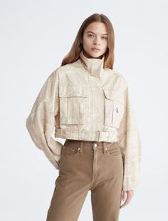 Cropped Belted Utility Jacket | Calvin Klein A Stand, Calvin Klein Woman, Utility Jacket, Stand Collar, Women Crop, Patch Pocket, New Look, Calvin Klein, Organic Cotton