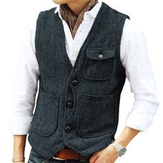 PRICES MAY VARY. Retro Tweed Vest --- This mens vest is made with tweed fabric to deliver casual comfort for a country feel. It’s great for creating a vintage gentleman style. Modern Vest Design --- Leisure simply style suit vest beautifully cut, excellent craftmanship, designed with 3 big pockets, 3 buttons front closure, adjustable back strap offers you more accurate fit. Recommended Pairing --- Men's suit dress vest waistcoat can easily match your shirt, suit, blazer, jacket. Definitely a gre Waistcoat Pattern, Cashmere Suit, Herringbone Tweed, Legging Outfits, Tweed Suits, Vest Fashion, Suit Vest, Plain Shirts, Cashmere Cardigan