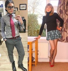 two different pictures one has a woman in a skirt and the other is a man in a suit