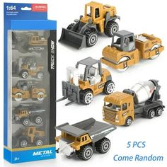 the construction vehicles are in their packaging and ready to be used as toys or for children