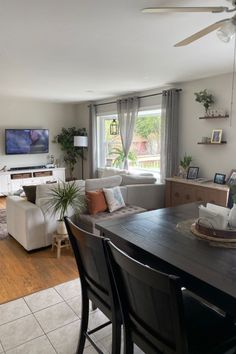 a living room filled with furniture and a flat screen tv mounted to the side of a wall