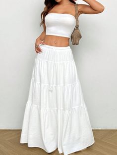 White Casual Collar   Plain  Embellished Slight Stretch  Women Clothing Long Skirt Short Top, White Skirt With White Top, White Skirt And White Top Outfit, Long White Linen Skirt Outfit, Long White Skirt Outfit Summer, Outfit With White Skirt, Long White Skirts, White Flowy Skirt Outfit, White Beach Skirt