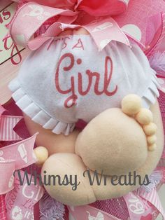 "This is a darling deco mesh wreath to announce the arrival of your precious baby! This wreath is a perfect decoration for a baby shower, gender reveal, hospital door, nursery door, or your front door when the baby arrives. The baby girl wreath is made with pink and white deco mesh and pink ribbons. The centerpiece is this cute little baby bottom. The bloomers says \"It's a Girl.\" I have caucasian and african american babies for girl - boy is currently out of stock. This wreath is made of poly Baby Wreath For Hospital Door, Baby Girl Wreath, Baby Boy Wreath, Nursery Door, Baby Shower Wreath, Wreath For Door, Baby Wreath, Wreath Boxes