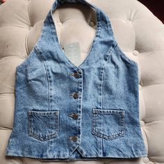 Denim Halter Vest Light Blue Sizes S, M, Xl Available Nwt Jean Vest Top, Ny Fits, Denim Vest Top, Thrift Wishlist, Halter Vest, Brown Crop Top, Patterned Crop Top, Baby Graphic Tees, Jean Vest