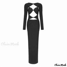 Olivia Mark - Elegant Crew Neck Knotted Twist Cutout Long Sleeve Thigh Split Maxi Evening Dress Fitted Hollow Out Maxi Dress For Night Out, Long Sleeve Cutout Maxi Dress For Date Night, Fitted Long Sleeve Maxi Dress With Split Design, Black Fitted Maxi Dress With Cut-out Waist, Long Sleeve Cutout Maxi Dress For Party, Cutout Long Sleeve Maxi Dress For Night Out, Long Sleeve Cutout Maxi Dress For Night Out, Fitted Maxi Dress With Cut-out Waist For Night Out, Plus Jumpsuit