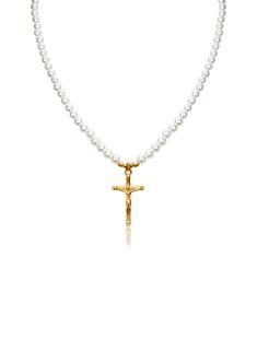 Introducing our Exquisite Gold Cross Pearl Necklace--a pinnacle of sophistication and timeless elegance. Meticulously handcrafted, this opulent piece features carefully selected fine pearls, seamlessly blending luxury and style. A symbol of enduring beauty and superior craftsmanship, this necklace transcends trends, representing the epitome of refined fashion. Crafted for the discerning individual, this necklace is more than an accessory--it's an investment in elevated elegance. The fusion of cl Elegant Pearl Crucifix Necklace, Elegant Crucifix Pearl Necklace, Elegant White Crucifix Pearl Necklace, Elegant White Crucifix Necklace, Classic Crucifix Jewelry For First Communion, Elegant Pearl White Jewelry For First Communion, Elegant Handmade Crucifix Necklace, Elegant Handmade Jewelry For First Communion, Elegant Jewelry For First Communion