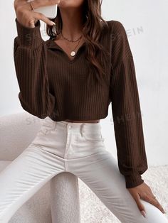 Sleeve Type:Bishop Sleeve \nStyle:Casual \nColor:Chocolate Brown \nPattern Type:Plain \nNeckline:Notched \nSleeve Length:Long Sleeve \nLength:Crop \nFit Type:Regular Fit \nFabric:Non-Stretch \nMaterial:Fabric \nComposition:100% Polyester \nCare Instructions:Machine wash or professional dry clean \nSheer:No \n Bishop Sleeve, Knit Tees, Shein Style, Brown Fashion, Waffle Knit, Drop Shoulder, White Jeans, Fashion News, Womens Tees