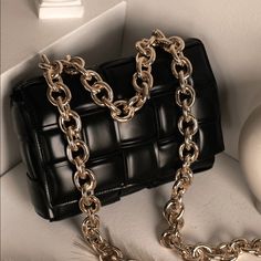 Very High Quality Heavy Metal Chain 9.5” Width X 7.5 Height Modern Black Shoulder Bag With Chain, Luxury Black Shoulder Bag With Gold Chain, Modern Black Shoulder Bag With Chain Strap, Black Chain Shoulder Bag As Fashion Accessory, Black Shoulder Bag With Chain For Fashion Accessory, Chic Chain Link Shoulder Bag For Party, Modern Shoulder Bag With Chain Strap For Night Out, Formal Black Shoulder Bag With Gold Chain, Elegant Black Bag With Gold Chain