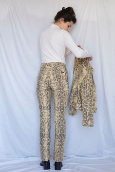 FAVOURITE PIECE 1990s Guess Snake Print Co-Ord Pants and Jacket Made in USA  High waist & straight leg  Stunning color and print Extremely flattering  INSANE FIT AND QUALITY Absolutely obsessed Excellent condition Fits : XS-S (jacket marked size M) (pants marked size 28) (model wearing XS) Material : 96% Cotton, 4% spandex Alligator Print, Print Pants, M Pants, Style Expert, Printed Pants, Co Ord, Up Styles, Suits For Women