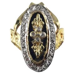 Vintage 18 Karat Yellow Gold and Diamond Ring Size 8 This lovely ring features 28 round single cut diamonds set in beautifully detailed 18K yellow gold. Top of ring measures 24 mm x 11 mm. Shank: 6 mm. Approximate total diamond weight: .30 ct. Diamond color: G Diamond clarity: VS1 Ring Size: 8 Weight: 9.1 gr./ 5.8 dwt. Stamped: 18K Very good condition, professionally polished. Will come packaged in a gift box or pouch (when possible) and will be shipped U.S. Priority Mail Insured. DV042423/17KCS Elegant Gold Engraved Ring With Rose Cut Diamonds, Yellow Gold Engraved Diamond Ring With Accents, Elegant Gold Engraved Ring With Diamond Accents, Luxury Gold Diamond Ring With Rose Cut, Luxury Gold Diamond Ring With Rose Cut Diamonds, Luxury Gold Oval Cluster Ring, Anniversary Yellow Gold Enamel Ring With Diamond Accents, White Gold Enamel Ring With Diamond Accents, Diamond Enamel Ring With Diamond Accents For Anniversary