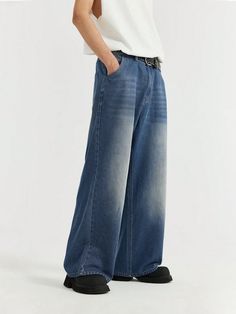 Suyu Yuan Minimalist Men's Washed Denim Wide Leg Jeans With Insert Pocket, Casual Blue    Denim Plain Straight Leg Non-Stretch  Men Clothing, size features are:Bust: ,Length: ,Sleeve Length: Washed Blue Jeans, Bleached Jeans, Minimalist Men, Denim Wide Leg, Washed Denim, Wide Leg Denim, Men Clothing, Mens Denim, Denim Wash