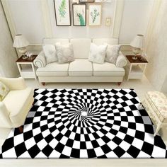 a black and white checkered rug in the middle of a living room