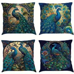 four decorative pillows with peacocks on them