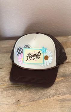 Howdy custom trucker hat. Tan/dark brown combo hat. Adjustable closer so fits most. Boujee Hippie, Trucker Hat Country, Brown Trucker Hat, Country Hat, Neutral Hats, Hippie Hat, Country Hats, Custom Patch, Custom Trucker Hats