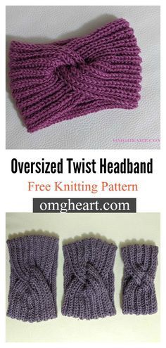 three knitted headbands with text overlay that reads, oversized twist headband free knitting pattern