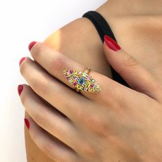 Louise Marquise Ring, 18K yellow gold (750/1000). Set with 4.37 carats of multi-colored sapphires. For detailed information please contact us. Marquise Ring Setting, Intricate Jewelry, Colored Sapphires, Push Presents, Marquise Ring, Signet Rings, 21st Gifts, Classic Elegant, Watch Gifts