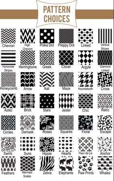 a large collection of different patterns in black and white, with the words pattern choices below