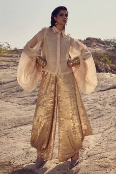 Gold organza and sandwash satin shirt with cutdana embroidered cuffs on exaggerated sleeves. - Aza Fashions Aza Fashion Outfits 2024 Suits, Cuff Sleeves Kurti, Organza Indian Outfits, Organza Top Outfit, Organza Outfit, Desi Casual, Gold Organza, Embroidered Cuffs, Indian Groom Wear