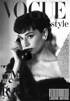 a black and white photo of a woman on the cover of a magazine, talking on a phone