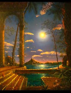 an oil painting of a tropical scene with palm trees and the moon in the sky