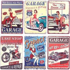 four vintage garage signs are shown in different styles and colors, including one with a woman sitting on the car