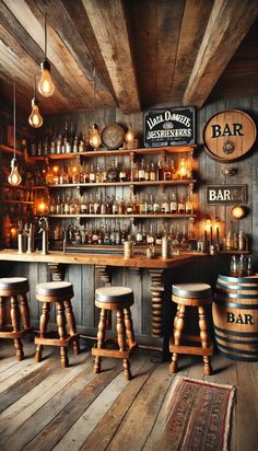 an old fashioned bar with stools and wooden shelves