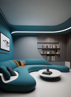 a living room filled with blue couches and white coffee table in front of a bookshelf