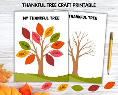 two thanksgiving tree printables with the words, my thank tree and leaves on them