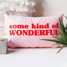 a pink pillow with some kind of wonderful written on it next to a potted plant