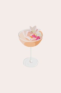 an illustration of a martini in a glass with pink and white flowers on the rim