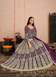 Purple Anarkali Suit Eid Anarkali Choli With Zari Work, Festive Long Sleeve Kundan Anarkali Set, Embellished Anarkali Set For Diwali, Anarkali Churidar With Intricate Embroidery, Bollywood Style Embellished Maxi Anarkali Set, Embellished Floor-length Anarkali Set, Embellished Anarkali Set For Festivals, Embellished Anarkali Churidar For Diwali, Embellished Churidar For Diwali