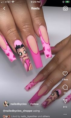 #nails #nailart #nailsofinstagram #u #manicure #beauty #nailsoftheday #gelnails #nail #nailsonfleek #nailsart #nailstagram #nailstyle #instanails #nailsdesign #naildesign #acrylicnails #naildesigns #nailtech #inspire #nailswag #nailpolish #love #nailsnailsnails #nailartist #unhas #gel #as #gelpolish #glitternails Bratz Nails Art, Betty Boop Nails Designs, Cute Cartoon Nails, Betty Boop Valentine, Betty Boop Nails, Pink Betty Boop, Cartoon Nails, Vday Nails, Cute Acrylic Nail Designs