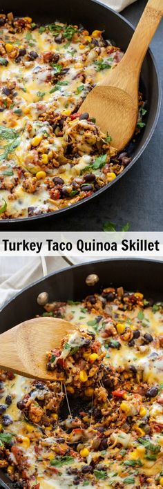 two pictures showing the process of making taco quinoa skillet