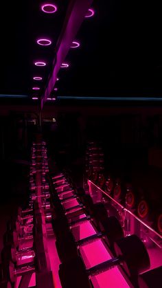 rows of chairs in a dark room with pink lights on the ceiling and round circles above them